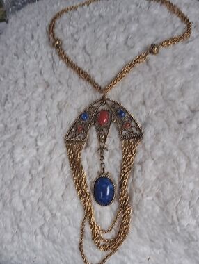 Gold-Tone Statement Necklace with Blue and Coral Cabochons